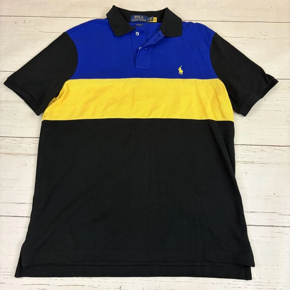 Polo Ralph Lauren Polo Shirt Mens M Blue Yellow Black Colorblock Classic Fit